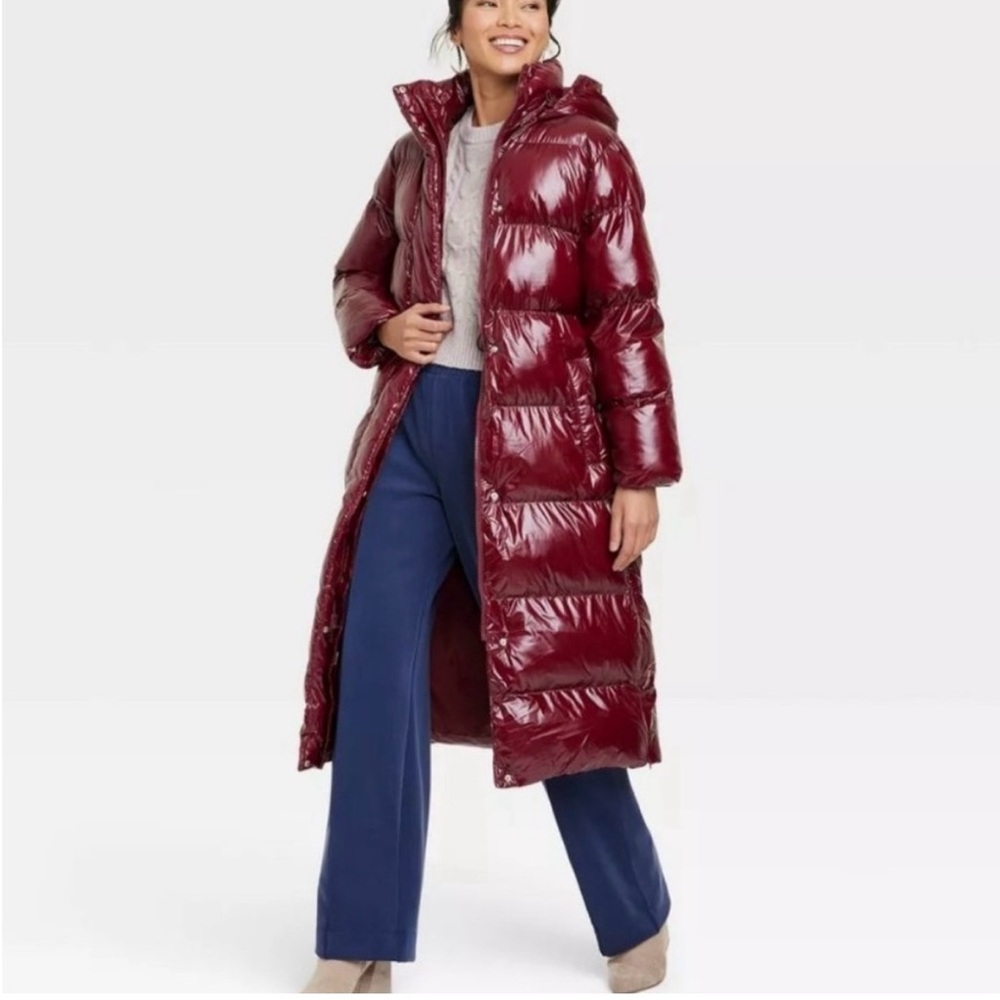 a new day Maroon Long Puffer Jacket